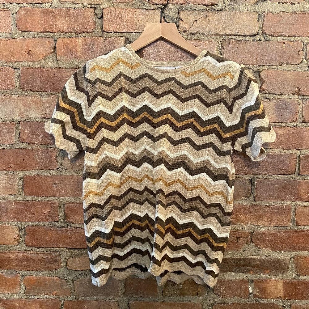 Alfred Dunner Knit Short Sleeve Brown Chevron Top